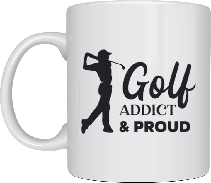 Golf mug - golfer silhouette mid-swing with the text Golf Addict & Proud