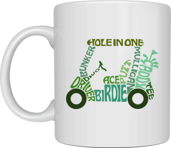 Golf mug - golf terms arranged in golf cart shape