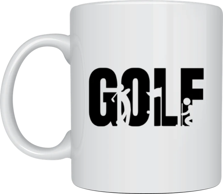Golf mug - golfer silhouettes cut into Golf text