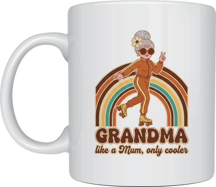 Cool grandma mug - retro 70s grandma on roller skates with sunglasses and a rainbow, Like a Mum Only Cooler, on a white ceramic mug