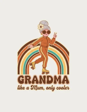 Like a Mum, Only Cooler design - retro grandma on roller skates flashing a peace sign in front of rainbow arcs, cool grandma mug
