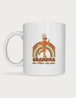 Cool grandma mug - retro 70s grandma on roller skates with sunglasses and a rainbow, Like a Mum Only Cooler, on a white ceramic mug