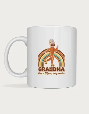 Cool grandma mug - retro 70s grandma on roller skates with sunglasses and a rainbow, Like a Mum Only Cooler, on a white ceramic mug