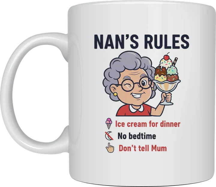 Gifts for nan - winking cartoon nan holding an ice cream sundae with Nan's Rules printed on a white ceramic mug