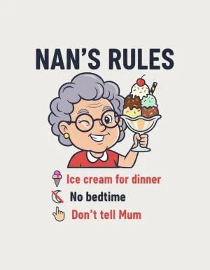 Nan's Rules mug design - winking cartoon nan with an ice cream sundae and three cheeky house rules, one of our gifts for nan