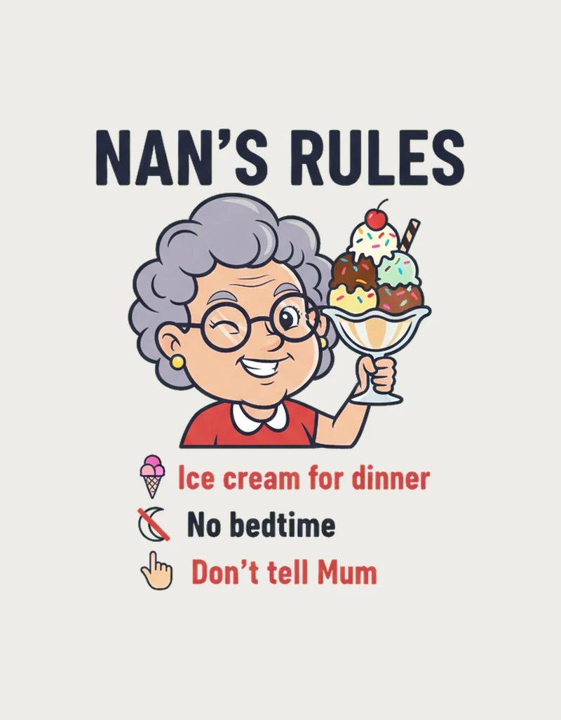 Nan's Rules mug design - winking cartoon nan with an ice cream sundae and three cheeky house rules, one of our gifts for nan