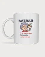 Gifts for nan - winking cartoon nan holding an ice cream sundae with Nan's Rules printed on a white ceramic mug