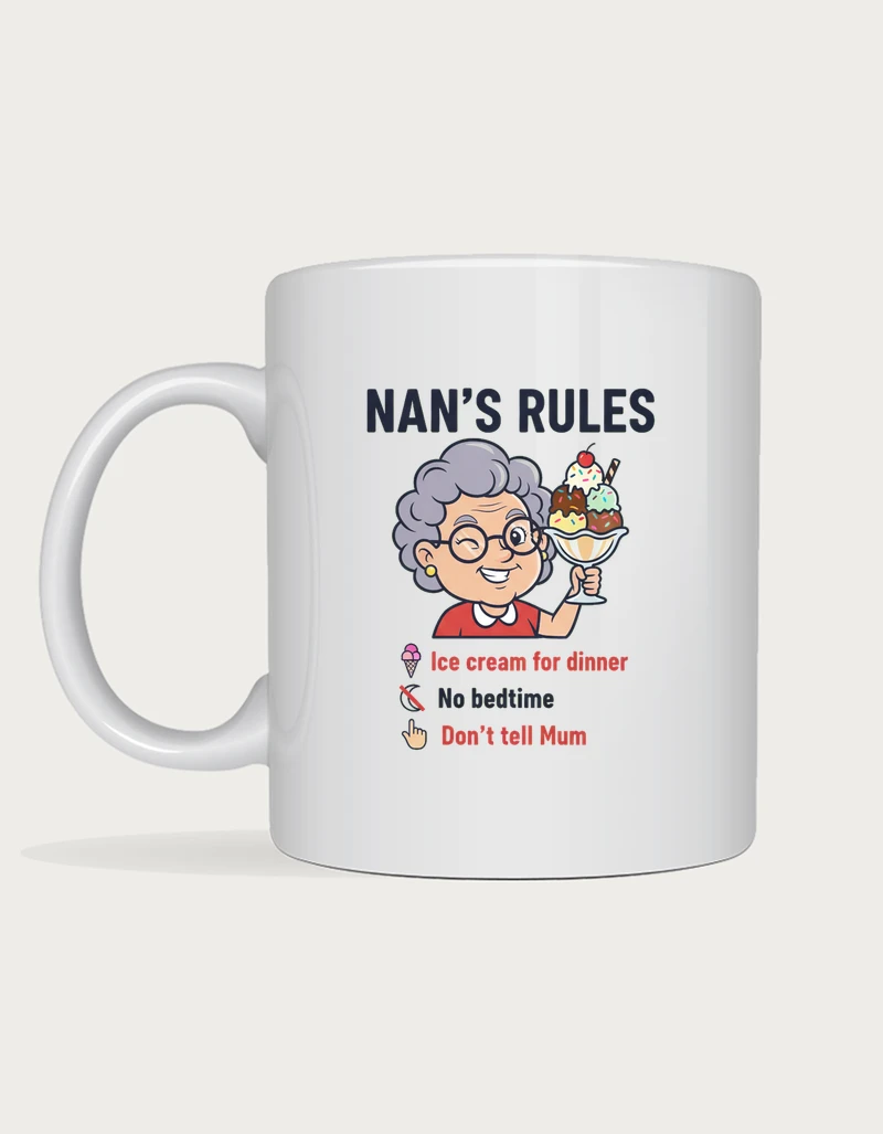 Gifts for nan - winking cartoon nan holding an ice cream sundae with Nan's Rules printed on a white ceramic mug