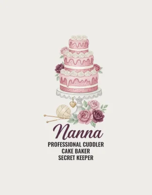 Nanna design - vintage watercolour layer cake, roses and knitting with Professional Cuddler, Cake Baker, Secret Keeper, a nanna mug