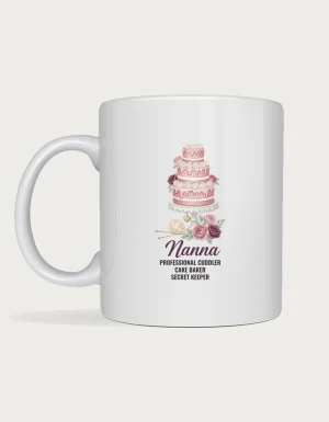 Nanna mug - watercolour layer cake with pink roses and Nanna Professional Cuddler Cake Baker Secret Keeper on a white ceramic mug