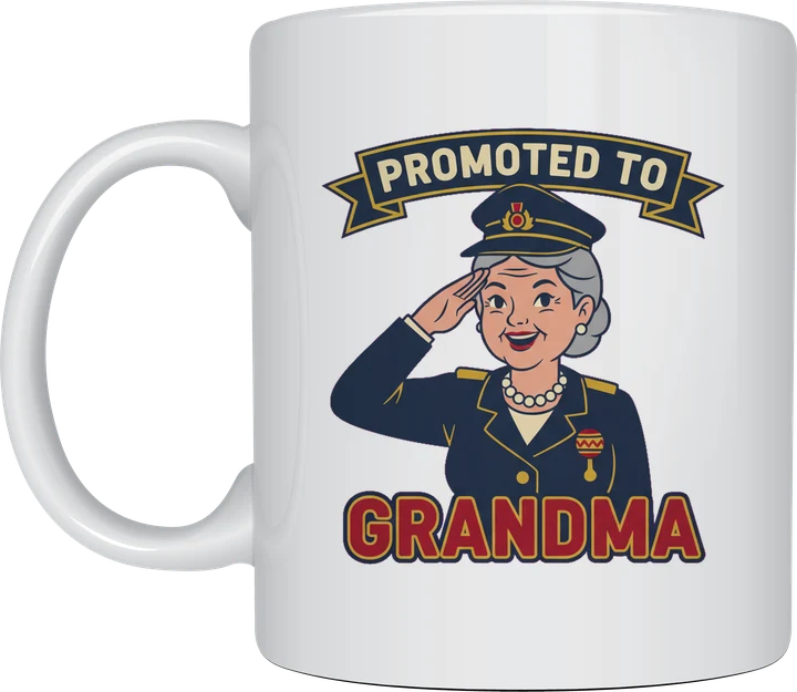New grandma gifts - saluting grandma in military uniform with Promoted to Grandma printed on a white ceramic mug