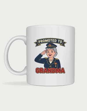 New grandma gifts - saluting grandma in military uniform with Promoted to Grandma printed on a white ceramic mug
