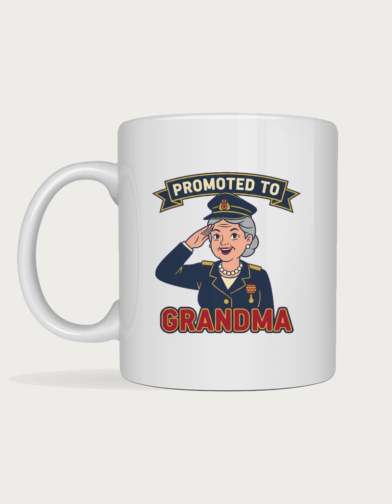New grandma gifts - saluting grandma in military uniform with Promoted to Grandma printed on a white ceramic mug