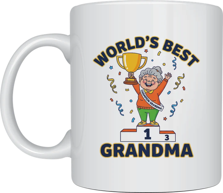Best grandma mug - happy grandma on a winner's podium holding a gold trophy with World's Best Grandma on a white ceramic mug