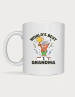 Best grandma mug - happy grandma on a winner's podium holding a gold trophy with World's Best Grandma on a white ceramic mug