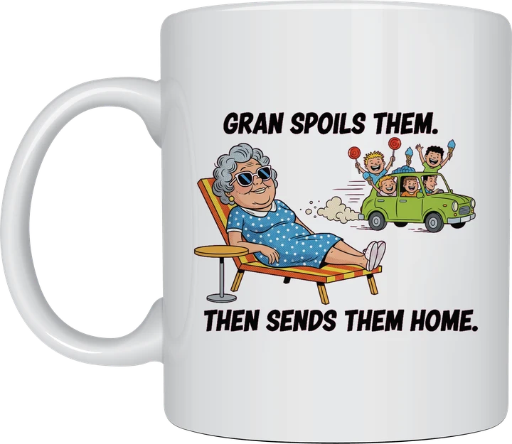 Gran mug - comic style gran relaxing on a sun lounger as grandkids drive off with lollies, Gran Spoils Them Then Sends Them Home, on a white mug