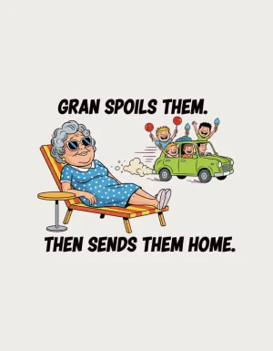 Gran Spoils Them, Then Sends Them Home design - retro comic gran in sunglasses on a sun lounger, a funny gran mug
