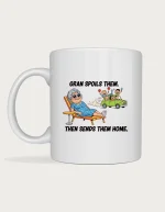 Gran mug - comic style gran relaxing on a sun lounger as grandkids drive off with lollies, Gran Spoils Them Then Sends Them Home, on a white mug