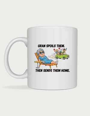 Gran mug - comic style gran relaxing on a sun lounger as grandkids drive off with lollies, Gran Spoils Them Then Sends Them Home, on a white mug