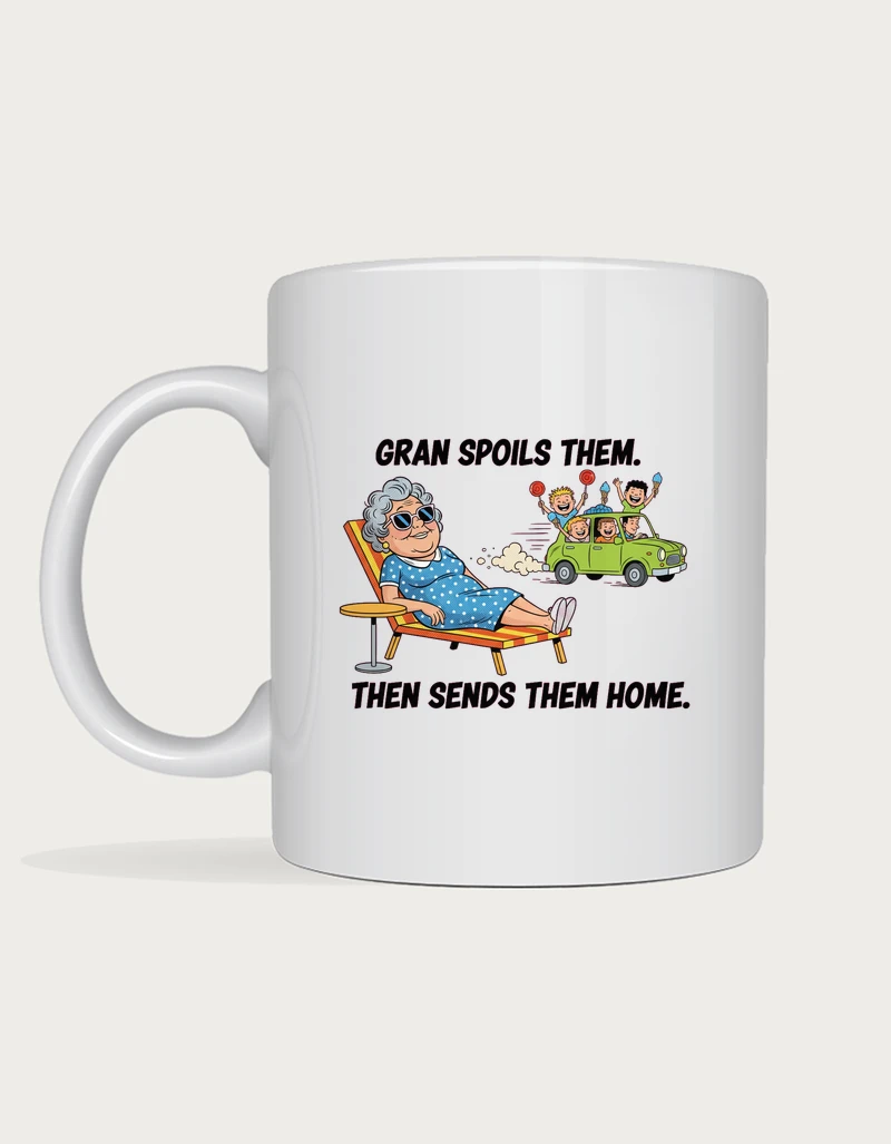 Gran mug - comic style gran relaxing on a sun lounger as grandkids drive off with lollies, Gran Spoils Them Then Sends Them Home, on a white mug
