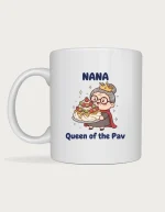 Nana mug - cute nana in a gold crown and red cape holding a pavlova with Queen of the Pav on a white ceramic mug