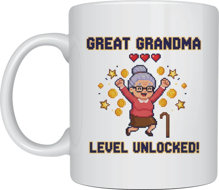 Great grandma mug - pixel art great grandma jumping with gold coins and hearts, Level Unlocked, on a white ceramic mug