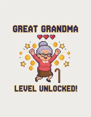 Great Grandma Level Unlocked design - retro 8-bit pixel art grandma jumping with stars and coins, a great grandma mug