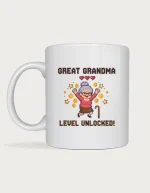 Great grandma mug - pixel art great grandma jumping with gold coins and hearts, Level Unlocked, on a white ceramic mug