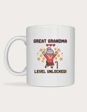 Great grandma mug - pixel art great grandma jumping with gold coins and hearts, Level Unlocked, on a white ceramic mug