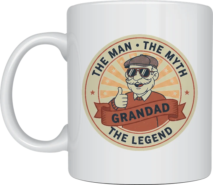 Grandad mug - retro badge with a grandad in a flat cap and aviator sunglasses, The Man The Myth The Legend, on a white ceramic mug