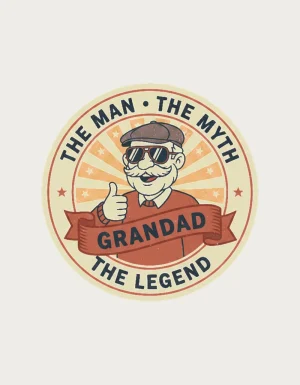 Grandad The Man, The Myth, The Legend design - vintage badge with a thumbs-up grandad and a red ribbon banner, a grandad mug
