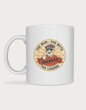 Grandad mug - retro badge with a grandad in a flat cap and aviator sunglasses, The Man The Myth The Legend, on a white ceramic mug