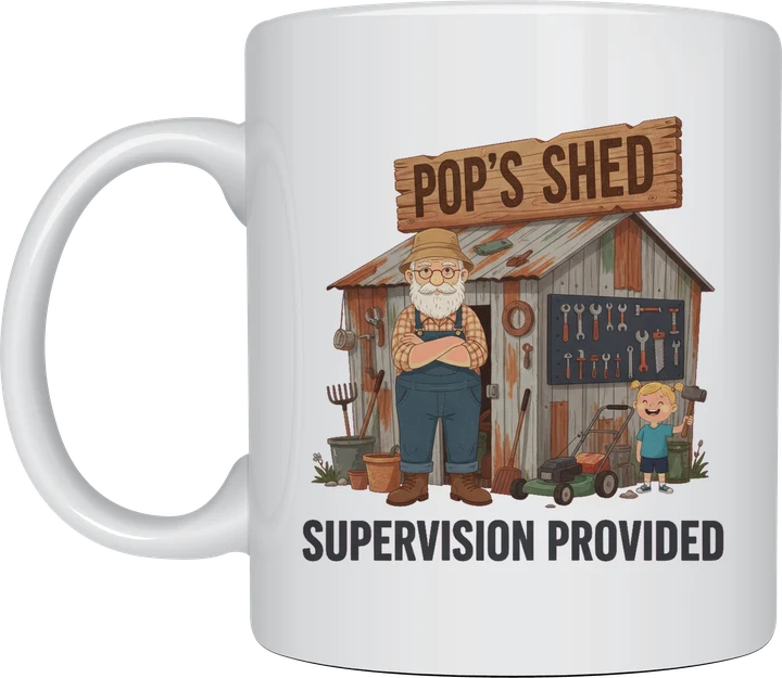 Gifts for pop - pop in overalls outside a tin shed with tools and a grandkid helper, Pop's Shed Supervision Provided, on a white mug