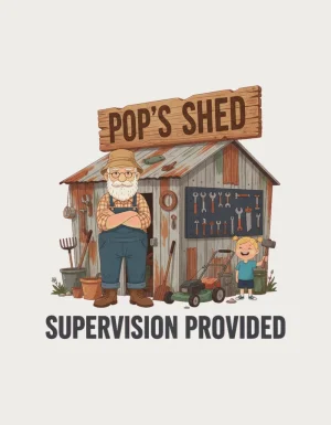 Pop's Shed Supervision Provided design - storybook illustration of pop, his backyard shed and a little helper, one of our gifts for pop