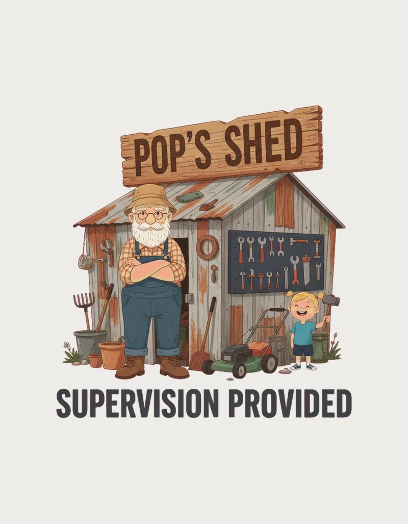 Pop's Shed Supervision Provided design - storybook illustration of pop, his backyard shed and a little helper, one of our gifts for pop