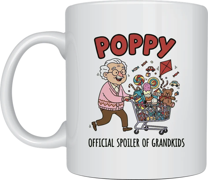 Poppy mug - cartoon poppy pushing a shopping trolley full of lollies and toys, Official Spoiler of Grandkids, on a white ceramic mug