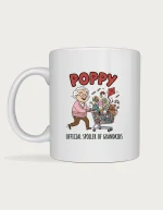 Poppy mug - cartoon poppy pushing a shopping trolley full of lollies and toys, Official Spoiler of Grandkids, on a white ceramic mug