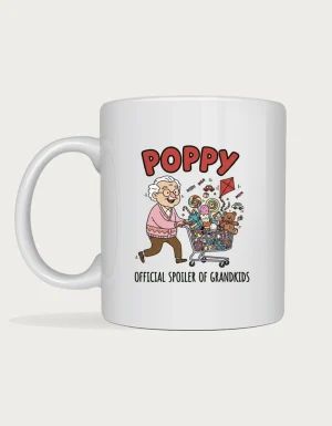 Poppy mug - cartoon poppy pushing a shopping trolley full of lollies and toys, Official Spoiler of Grandkids, on a white ceramic mug
