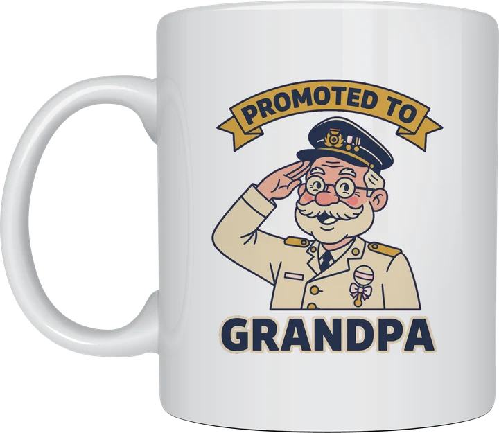 New grandpa gifts - saluting grandpa in an officer's cap and uniform with Promoted to Grandpa printed on a white ceramic mug