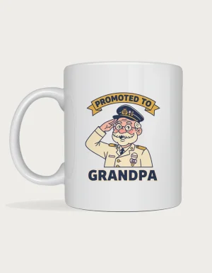 New grandpa gifts - saluting grandpa in an officer's cap and uniform with Promoted to Grandpa printed on a white ceramic mug