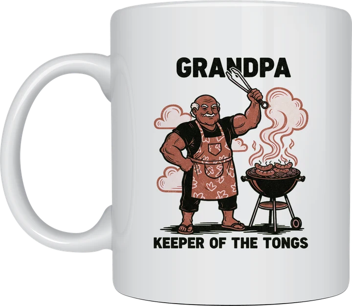 Funny grandpa gifts - linocut grandpa holding BBQ tongs beside a barbecue with sausages, Keeper of the Tongs, on a white ceramic mug