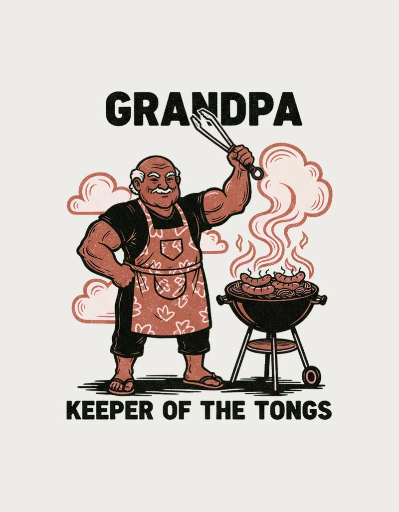 Grandpa Keeper of the Tongs design - bold black and rust linocut print of grandpa at the barbecue, one of our funny grandpa gifts