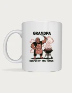 Funny grandpa gifts - linocut grandpa holding BBQ tongs beside a barbecue with sausages, Keeper of the Tongs, on a white ceramic mug