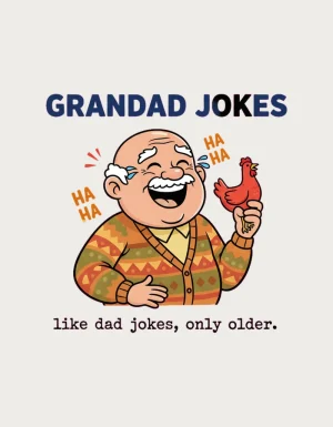 Grandad Jokes design - cartoon grandad laughing at his own joke with a rubber chicken and HA HA, a grandad jokes mug