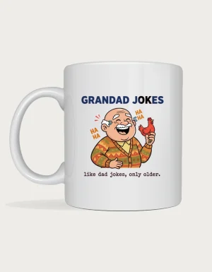 Grandad jokes mug - laughing grandad in a cardigan holding a rubber chicken, Like Dad Jokes Only Older, on a white ceramic mug