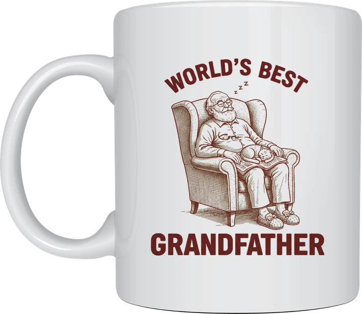 Best grandfather mug - engraved illustration of a grandfather asleep in an armchair with a cat, World's Best Grandfather, on a white mug