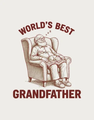 World's Best Grandfather design - vintage oxblood engraving of a sleeping grandfather in a wingback armchair with a cat, best grandfather mug