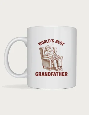 Best grandfather mug - engraved illustration of a grandfather asleep in an armchair with a cat, World's Best Grandfather, on a white mug