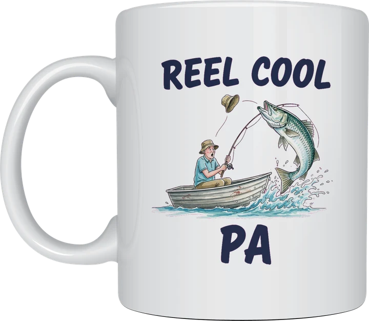 Pa mug - watercolour of pa in a tinnie as a barramundi leaps from the water, Reel Cool Pa, on a white ceramic mug