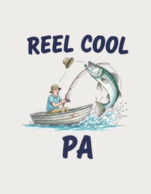Reel Cool Pa design - watercolour fishing scene with a surprised pa in his boat and a leaping barramundi, a pa mug